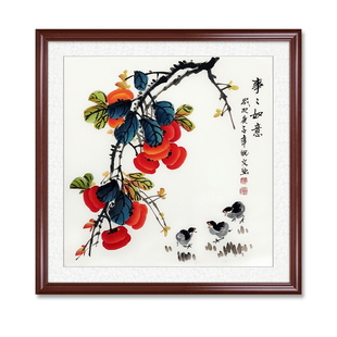 纯手绘柿子图国画写意水墨花鸟画客厅玄关小品画三尺斗方柿子小鸡