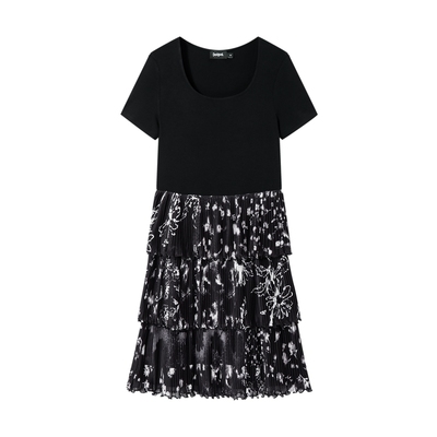 Desigual针织弹力拼接印花压褶圆领蛋糕裙短袖连衣裙女