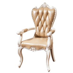 欧式餐椅全橡木皮椅餐桌椅组合白色双面雕花真皮餐椅酒店椅书桌椅