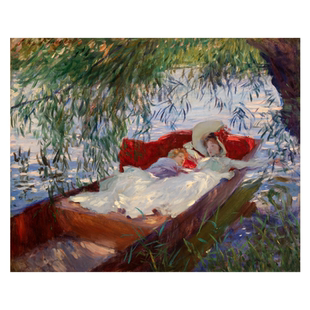 萨金特柳树下船里熟睡的女人和孩子纯棉厚油画布画芯无画框装饰画