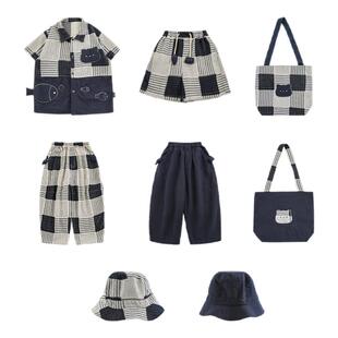 幼悠男童2026新款复古森系短袖衬衫宽松百搭长裤蓝色格子猫咪套装