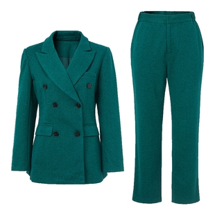 马天奴2025秋冬新款墨绿双排扣西装外套西服直筒西裤子两件套装女