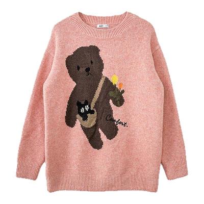 A21女装套头长袖线衫冬季新款针织宽松百搭休闲小熊慵懒风毛衣
