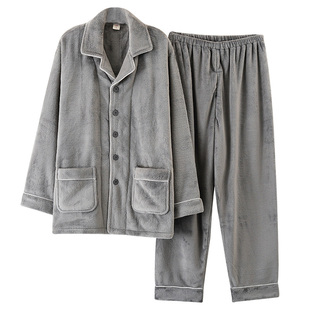 带小便口男式睡衣冬季加绒加厚法莱绒男款珊瑚绒保暖套装秋冬开襟