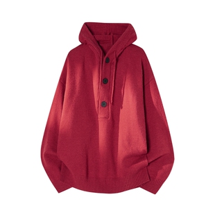 男士红色连帽毛衣男款2026新款新年战袍冬季穿搭打底内搭上衣毛衫