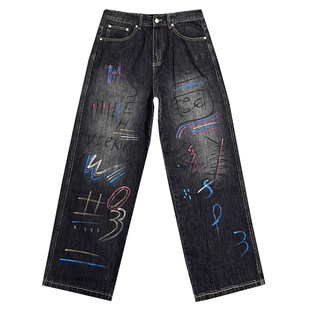 美式涂鸦风高腰男士牛仔裤泼墨彩绘设计感直筒阔腿长裤春夏季裤子