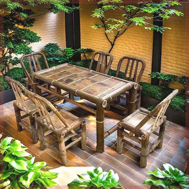 中国风老式桌子竹子桌椅全套户外围炉煮茶桌餐桌茶几办公火锅竹桌