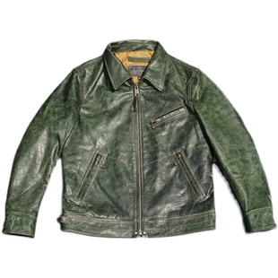 穆赫兰道原版!植鞣蜡染无涂油绿色小幼马皮真皮皮衣男翻领修身款