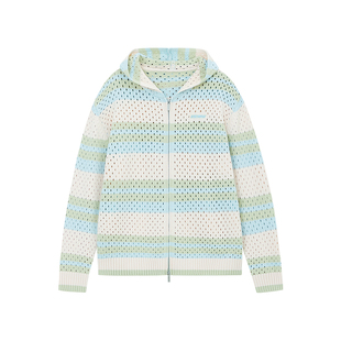 FORNINES镂空千层撞色条纹针织毛衣男秋季潮牌开衫美式连帽衫外套