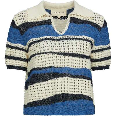 宝姿PORTSPURE女装2026早春新品波浪条纹V领POLO短袖套头毛衫