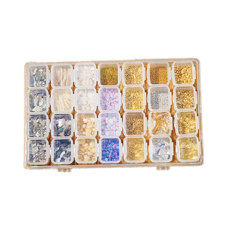 28格美甲星月饰品混装珍珠铆钉钢珠贝壳片金银箔纸美甲店专用全套