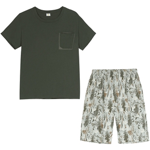 铜牛春夏纯棉汗布印花半袖男套圆领睡衣家居服套装NJ037