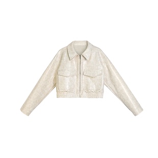 初时【皮裁短廓】春季新品短款皮衣PU复古双口袋皮衣外套修身款