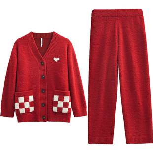 红豆情侣大红色珊瑚绒睡衣秋冬半边绒本命年男女士结婚家居服套装