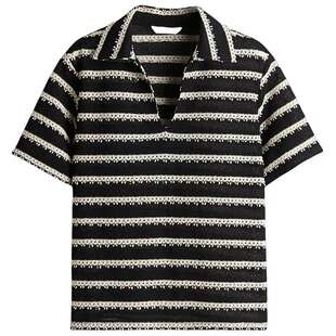 HM女装衬衫春季宽松针织海鸥领条纹衬衣短袖上衣1294674