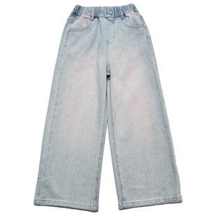 女童满天星钻刺绣牛仔裤中大童浅蓝色阔腿裤加绒加厚长裤松紧腰潮