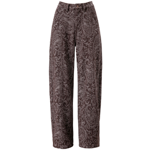 咖啡色腰果花牛仔裤女2025新款秋冬加绒裤子阔腿裤老钱风弯刀裤女