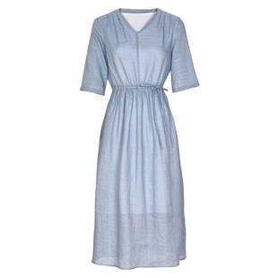 2026夏新款高端苎麻连衣裙复古双层中袖V领收腰大摆原创棉麻女装