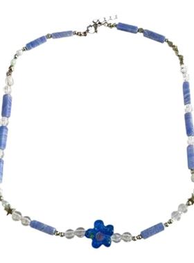 清新蓝色串珠花朵颈链女ins夏日