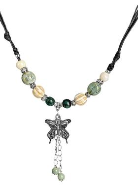 新中式陶瓷蝴蝶吊坠串珠项链女复古长款锁骨链配饰民族风编织颈链