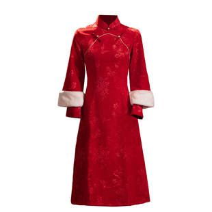 新中式旗袍红色显瘦新娘敬酒服2026冬季绝美加厚旗袍订婚礼服裙女