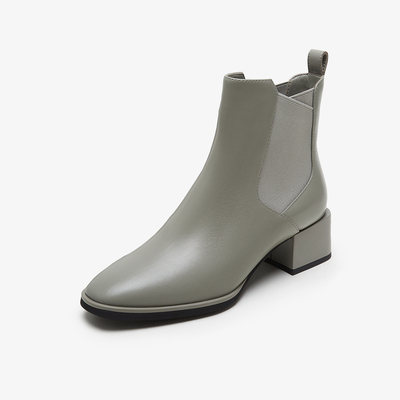 莱尔斯丹拼接小方头粗跟短靴女鞋