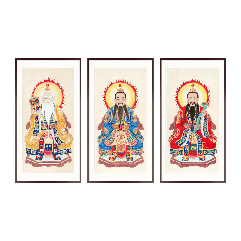 工笔人物国画三清祖师画像元始灵宝道德天尊中式卷轴画框装饰挂画