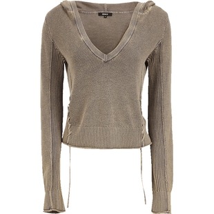 ONLY2025冬季新款腰身系带设计复古做旧连帽V领显瘦短款针织衫女