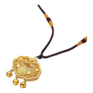 古法福字如意长命平安锁金包银9999纯实心女黄金吊坠镂空铃铛项链