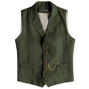 纯色复古人字纹休闲修身单排扣马甲男Men's single breasted vest