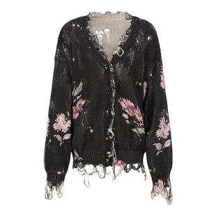 ARTE PURA黑粉印花撕破长款开衫女宽松针织外套休闲毛衣秋冬