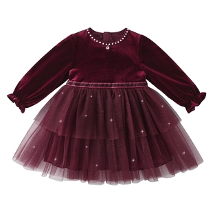 [7A抗菌]女童连衣裙春秋宝宝红色纱裙中小童秋季裙子儿童周岁礼服