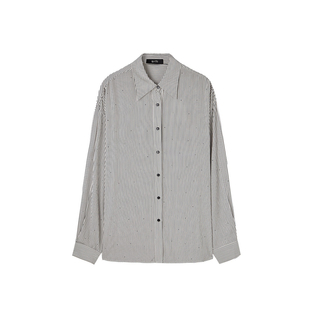 U/TI翻领黑白竖条纹长袖衬衫女装水钻简约风上衣尤缇2025秋季新款