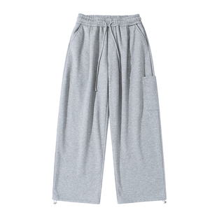 灰色加绒加厚卫裤保暖男生2025新款秋冬季宽松直筒运动工装长裤子