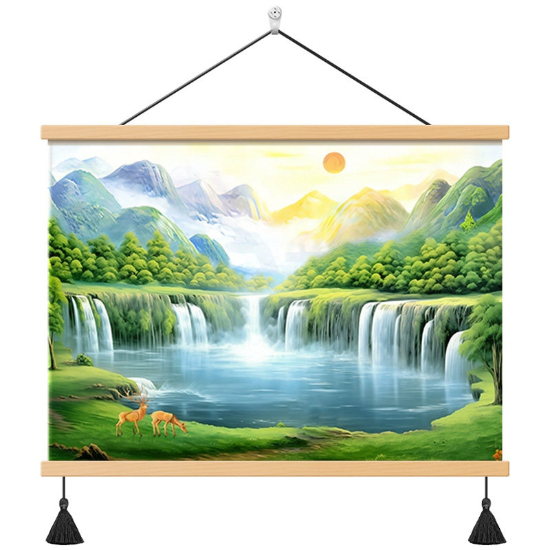 中式流水生财山水挂画