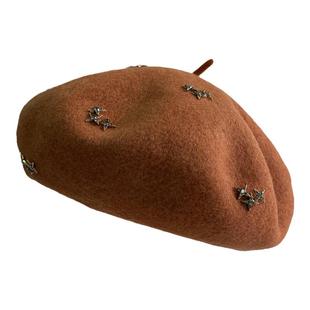 贝雷帽女秋冬新款时尚复古画家帽潮流金属蓓蕾帽名媛风羊毛呢帽子