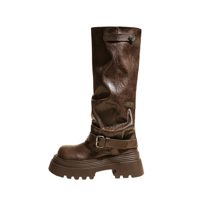 棕色厚底长筒靴女2025春秋新款