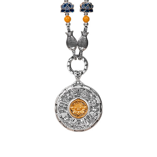 莲花吉祥八宝罗盘999纯银吊坠项链招财毛衣链平安男女款银饰礼物