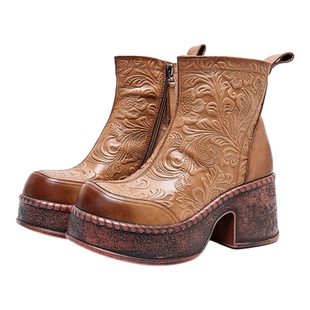 真皮复古民族风头层牛皮女靴子秋冬厚底粗跟高跟短靴休闲百搭显瘦