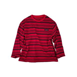 儿童新年红色复古条纹长袖T恤2025新款女童宽松透气圆领上衣