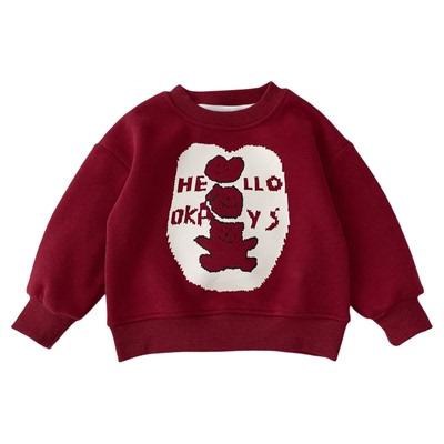 秋冬装儿童喜庆红色卡通加绒卫衣