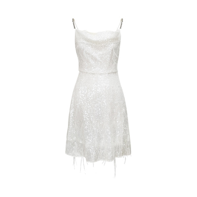 银河亮片鸵鸟毛吊带荡领连衣裙