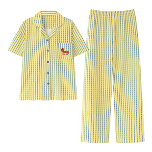 『奶黄格纹』短袖长裤纯棉春夏季睡衣情侣款短袖长裤可外穿ins风