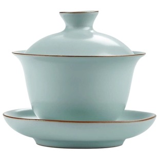 天青汝窑三才盖碗茶具茶杯单个高档防烫带盖泡茶公道杯三件套套装