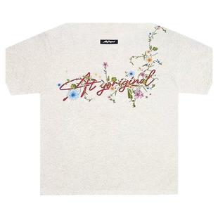 国潮复古刺绣高街花卉短袖男款t恤夏季宽松潮牌ins重磅纯棉上衣