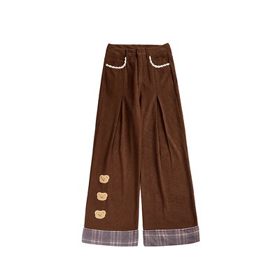 小熊刺绣棕色休闲裤女秋冬加绒