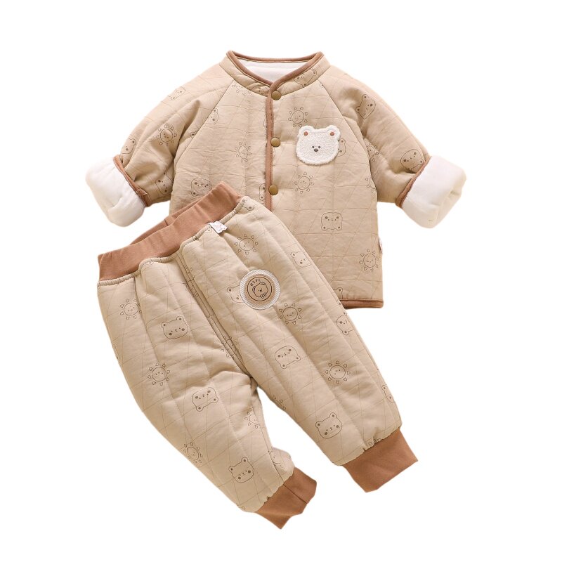 婴儿分体套装秋冬款夹棉衣服韩版小月龄宝宝加绒冬装幼儿棉服外出