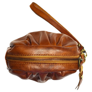 植鞣皮手工擦色女士零钱包牛皮复古褶皱手拿包多功能耳机收纳包潮