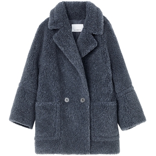 【羊毛驼绒】LANCY/朗姿2025冬新款大翻领廓形泰迪熊颗粒大衣外套
