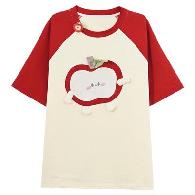 卡通苹果拼色宽松上衣休闲T恤女